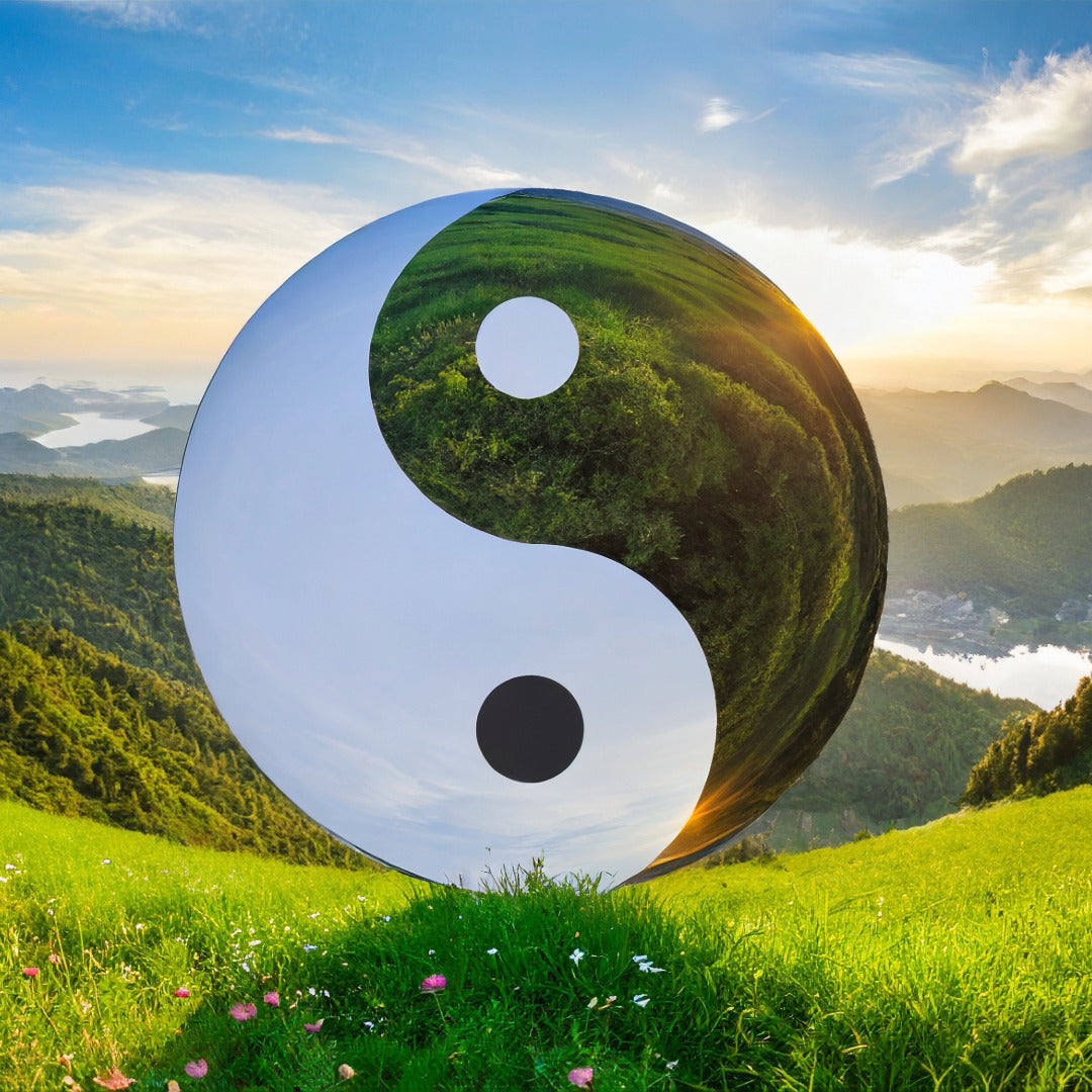 Yin and yang symbol with a landscape of mountains and fields in the background