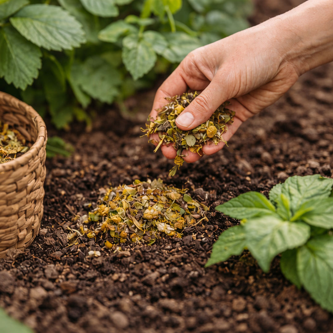 Hand pouring dried plant material onto soil with green plants in the background