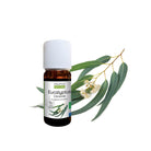 A bottle of Eucalyptus lemon essential oil from Propos Nature with a branch of eucalyptus lemon in the background