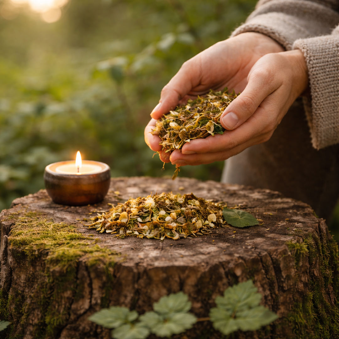 Hands holding dried herbs over a wooden stump with a lit candle, surrounded by greenery.