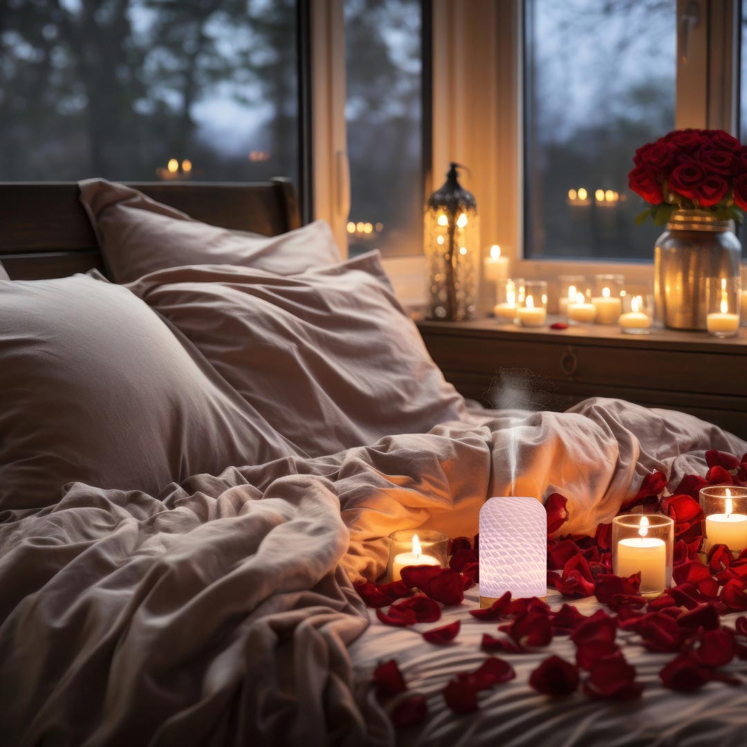 Innobiz Omelia Aroma Diffuser in a bed romantically decorated with candles and rose petals