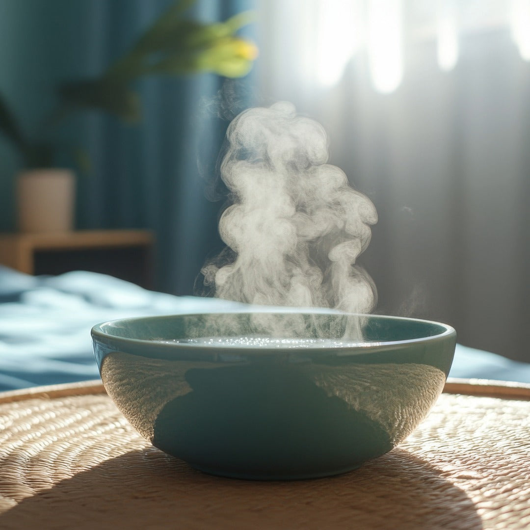 Steaming water in a blue bowl on a woven surface with a blurred background